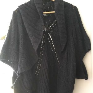 BCBG Max navy fuzzy knit shawl cardigan